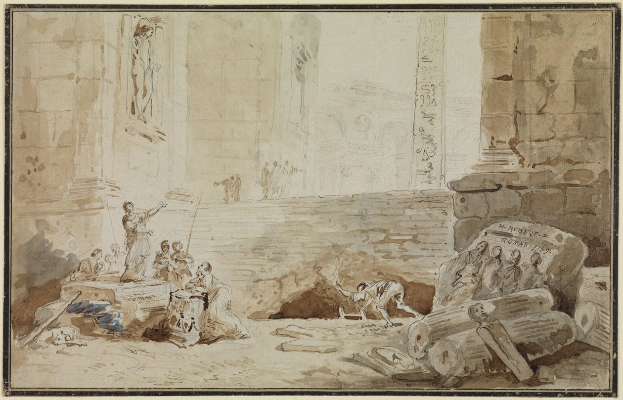 Caprice romain avec une chanteuse des rues - Hubert Robert