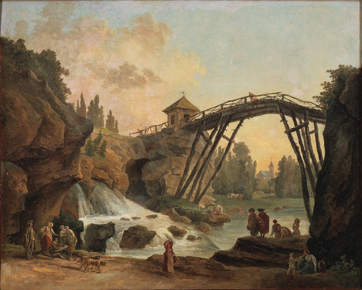 Vue sur la grotte et le pont rustique du jardin paysager de Méréville - Hubert Robert