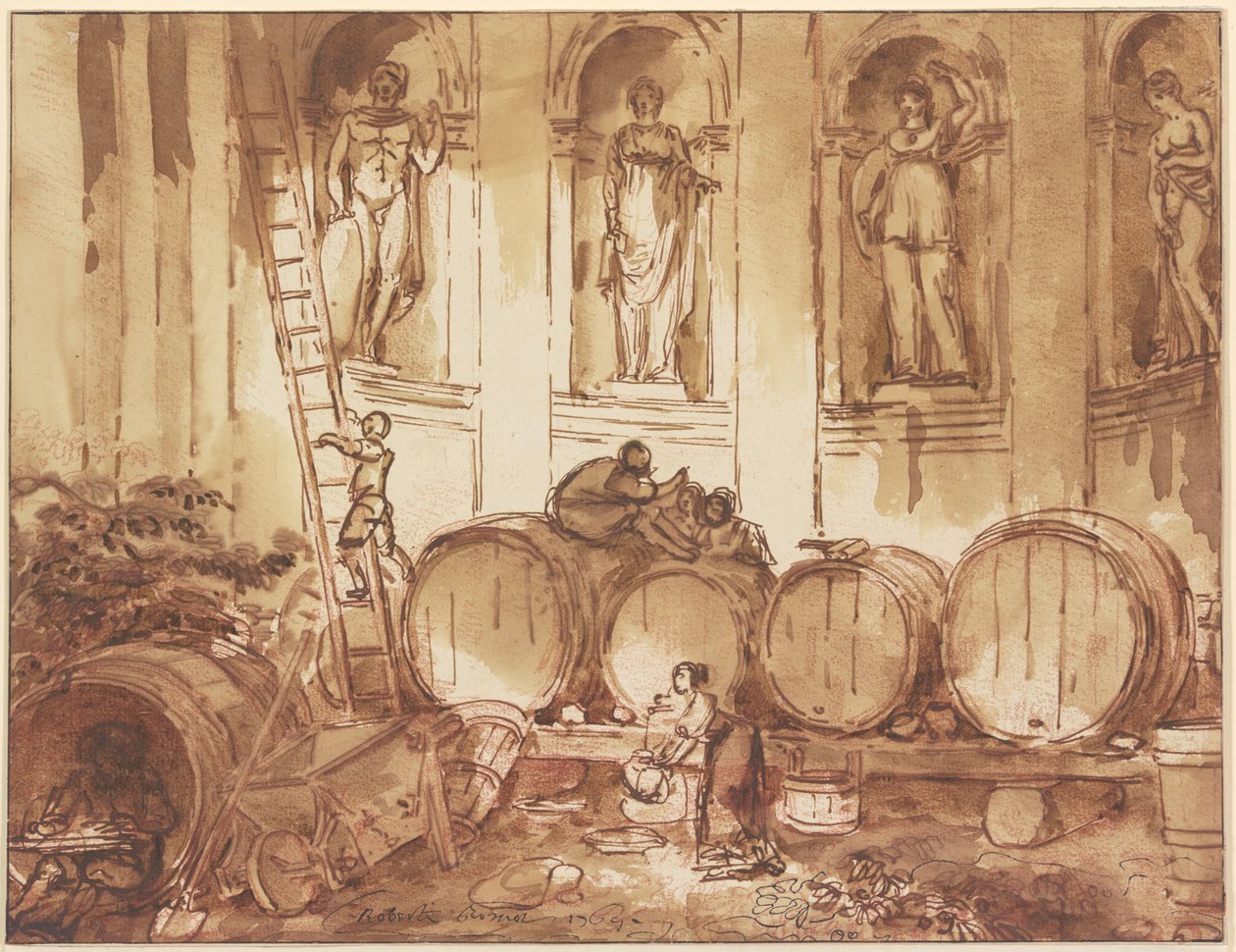 Cave à vin située dans une salle à niches ornée de quatre statues de divinités antiques - Hubert Robert