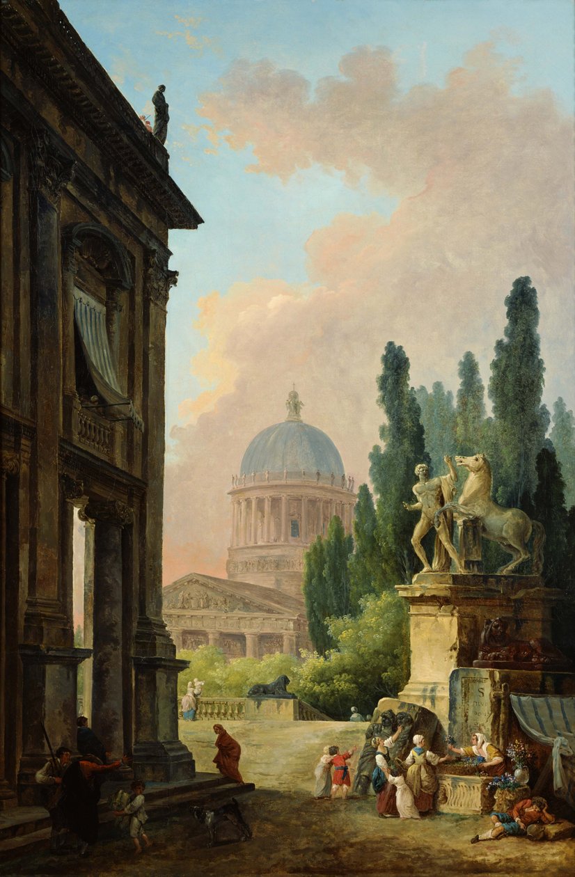 Paysage romain imaginaire avec vue sur la statue géante de Monte Cavallo et la basilique - Hubert Robert