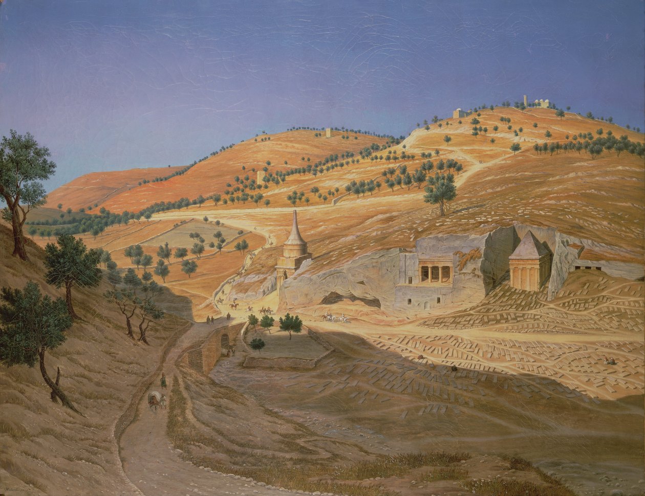 Paysage vallonné avec des Arabes et un temple en ruine - Hubert Sattler