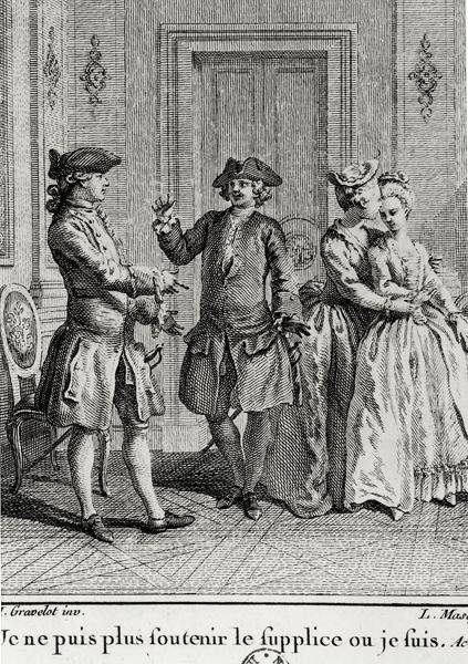 Je ne peux plus supporter les tourments ici où je suis, illustration pour Eugénie par Beaumarchais, gravée par Louis Joseph Masquelier (1741-1811) - Hubert after Gravelot