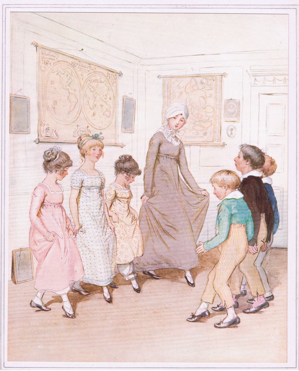Mlle Phoebe donne une leçon de danse à une demi-douzaine d