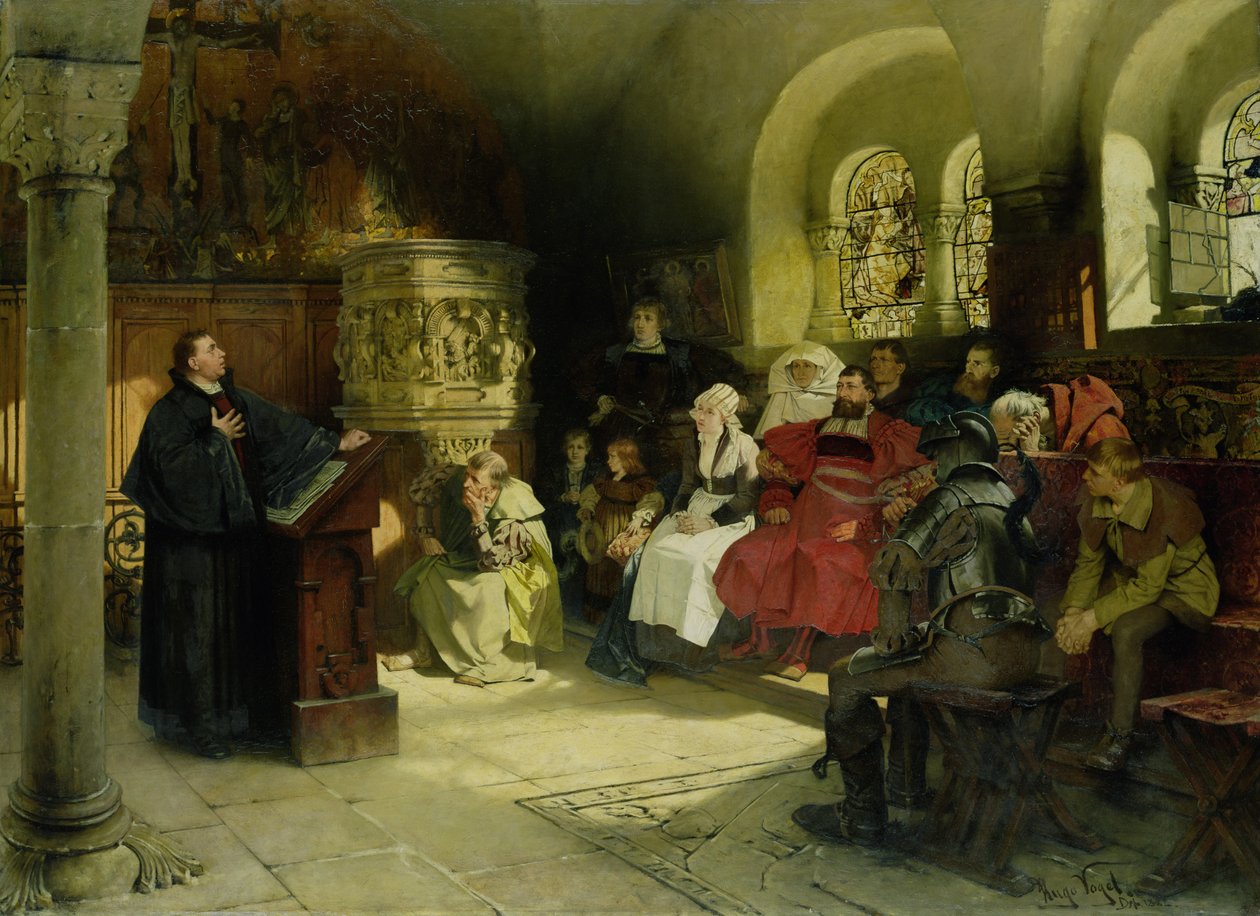 Luther prêche en utilisant sa traduction de la Bible pendant son emprisonnement à la Wartburg, 1882 - Hugo Vogel