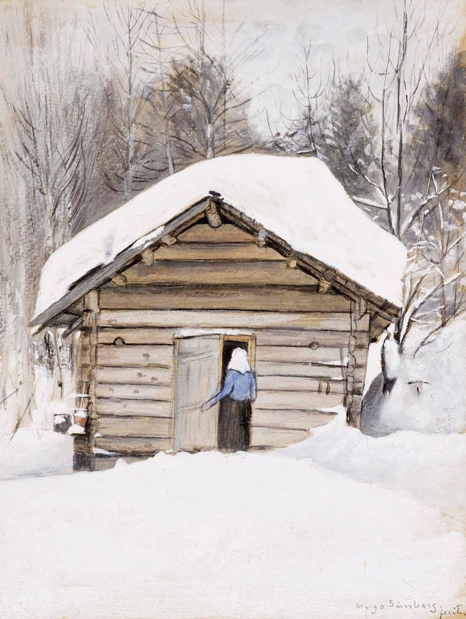 Une vieille dame devant la porte du sauna - Hugo Simberg