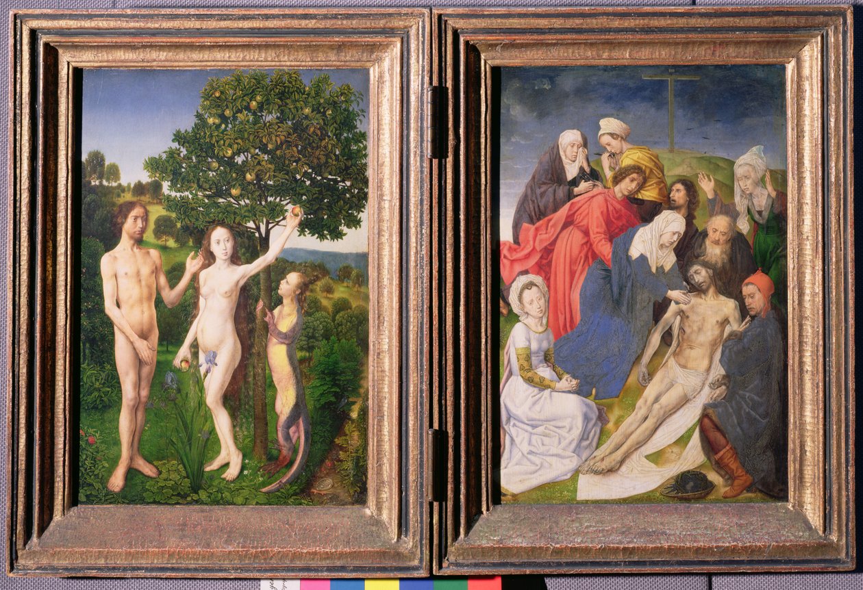 Diptyque : La Chute (Adam et Ève, serpent et pomme) et la Descente de Croix (après 1479) - Hugo van der Goes