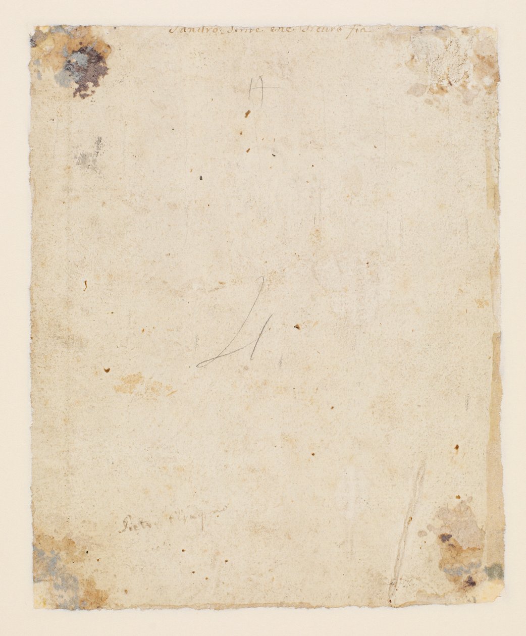Inscription au verso : centre supérieur, encre brune, main italienne du XVIIIe siècle : "Sandro scrive che sicuro fia" ; en dessous, encre brune, main du XIXe siècle : "Petro Perugino" - Hugo van der Goes