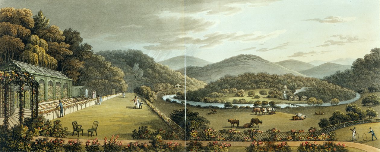 Vue générale des façades sud et est du cottage à Endsleigh, Devon, d