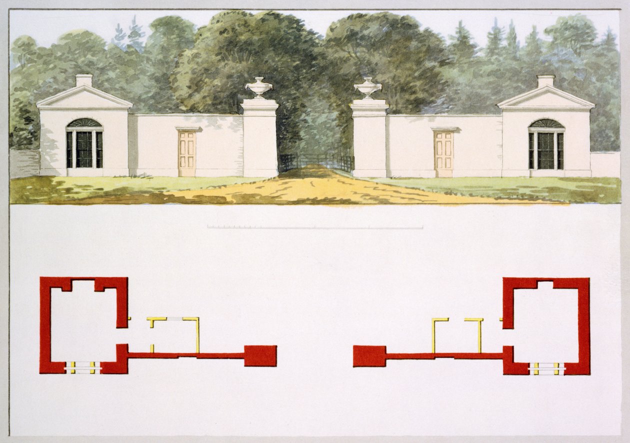 Élévation et plans au sol de la nouvelle entrée proposée et des pavillons, du Livre Rouge pour Antony House - Humphry Repton