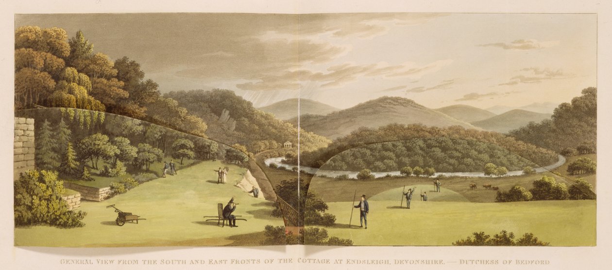 Vue générale des façades sud et est du cottage à Endsleigh, Devon (avant) de 