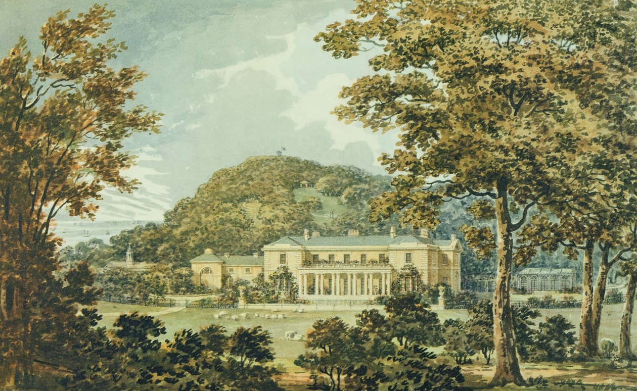 La façade sud avec la façade est en perspective, du Livre Rouge pour Antony House, vers 1812 - Humphry Repton