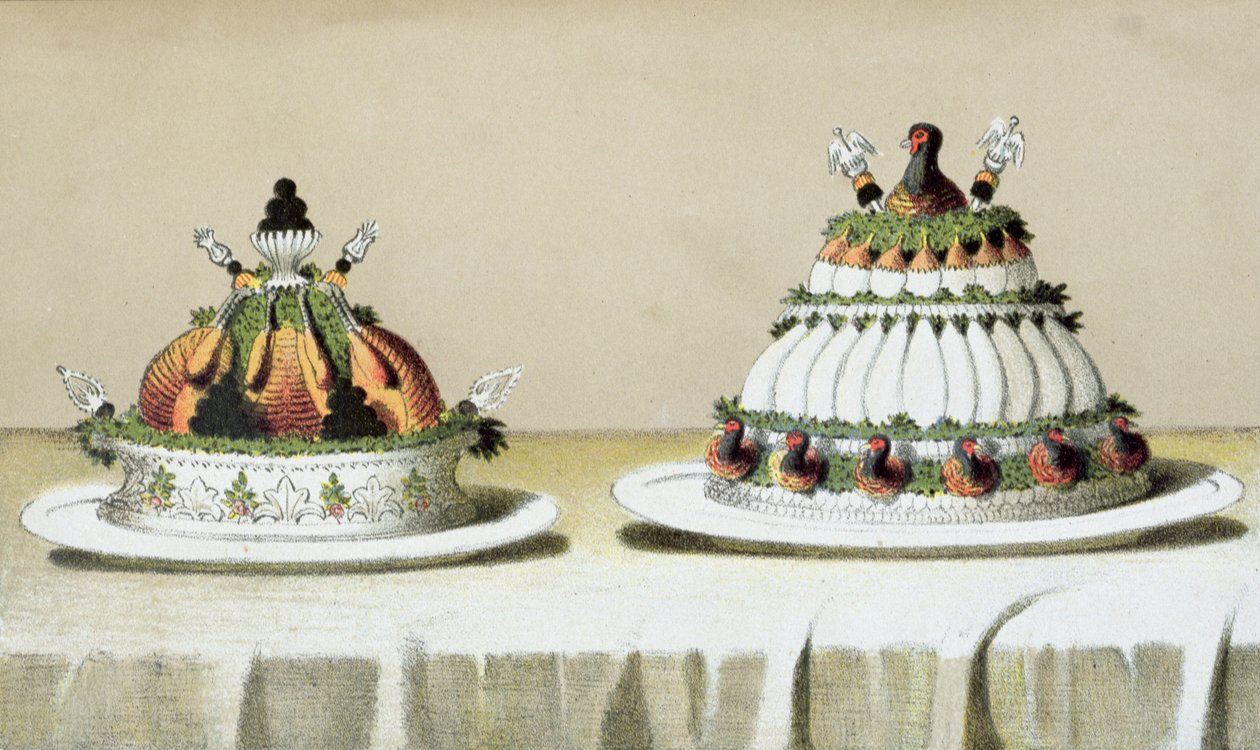 Conception pour la présentation de poulet farci au foie gras et de poitrines de faisan cuites à la manière de Berthold, illustration d