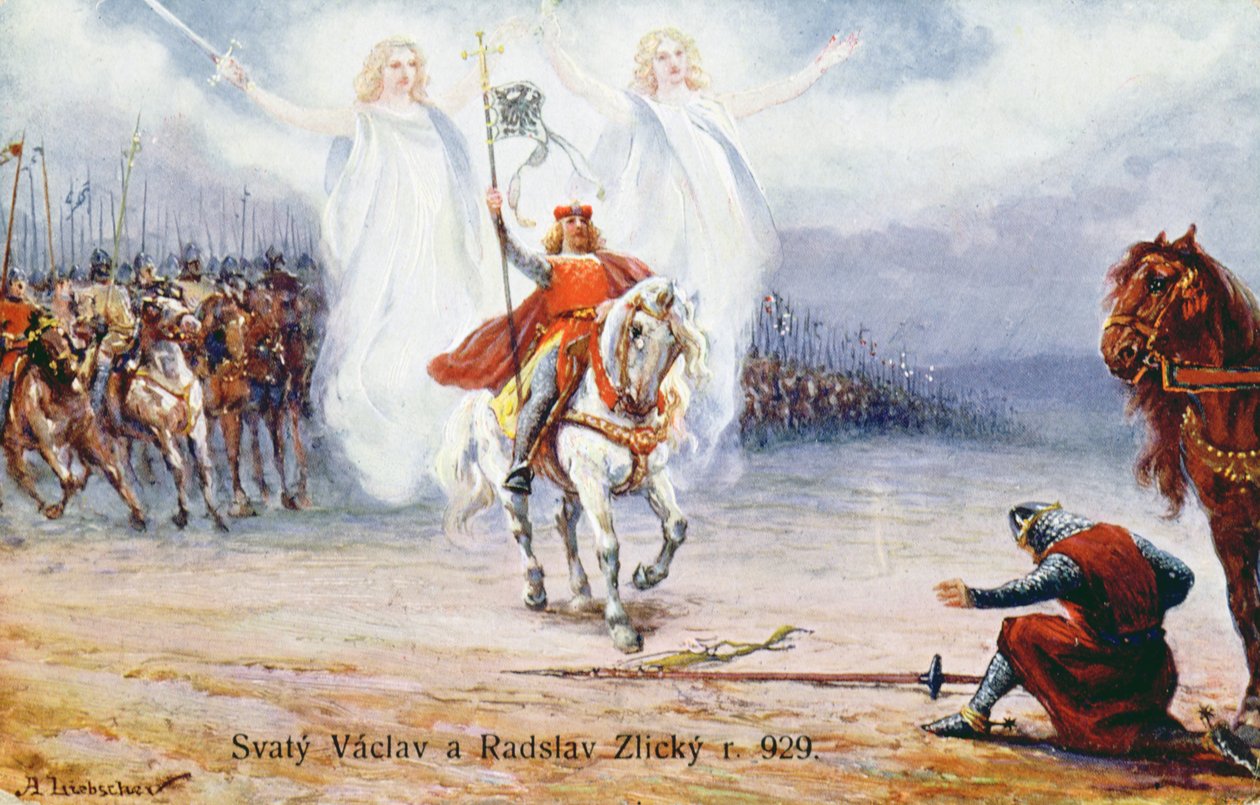 Le duc de Kourim se rendant à Saint Wenceslas après avoir vu deux anges accompagnant le saint - Hungarian School