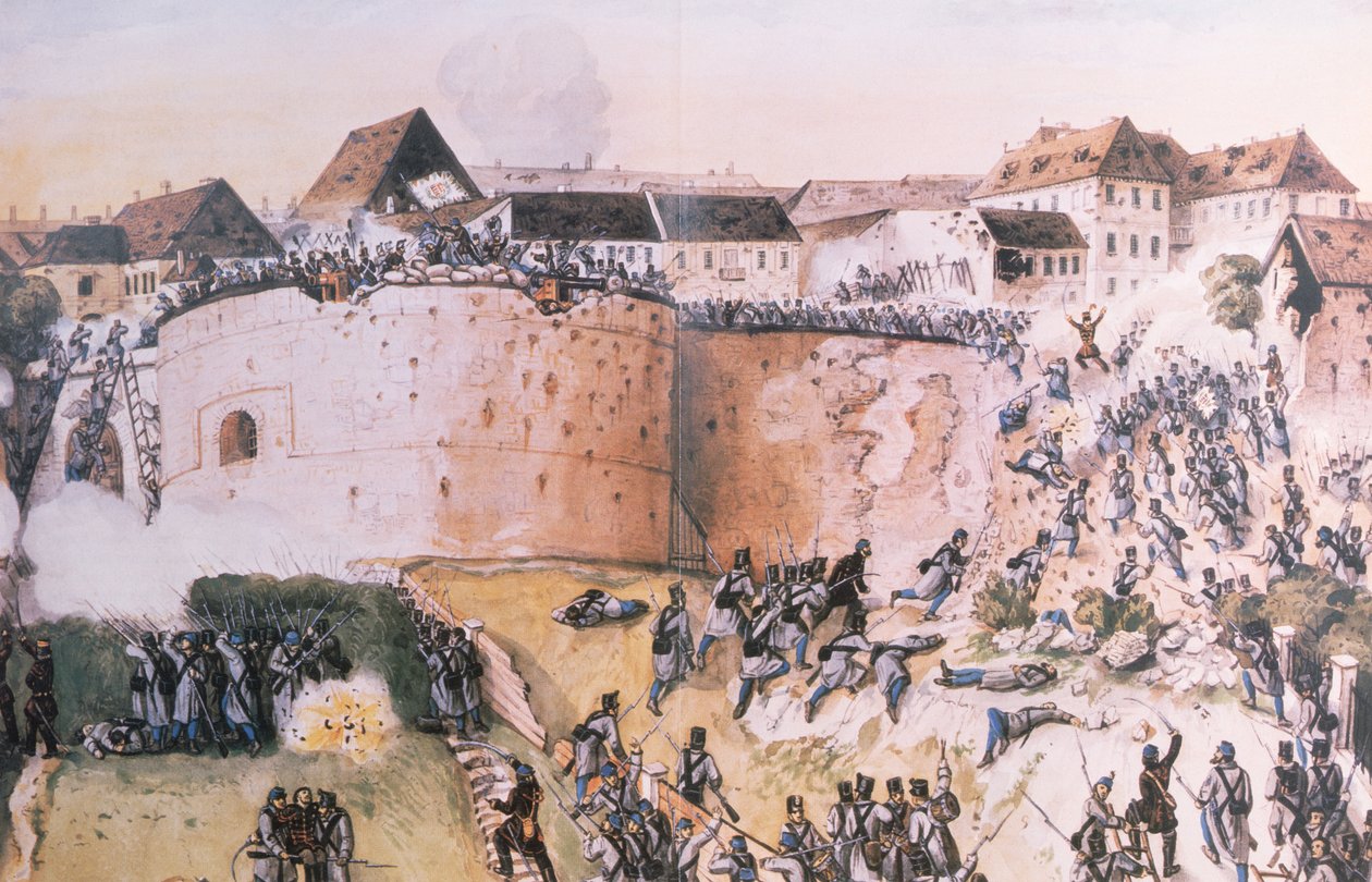 La Révolution hongroise de 1848 : Les troupes autrichiennes assaillent le Château de Buda le 21 mai 1849 - Hungarian School