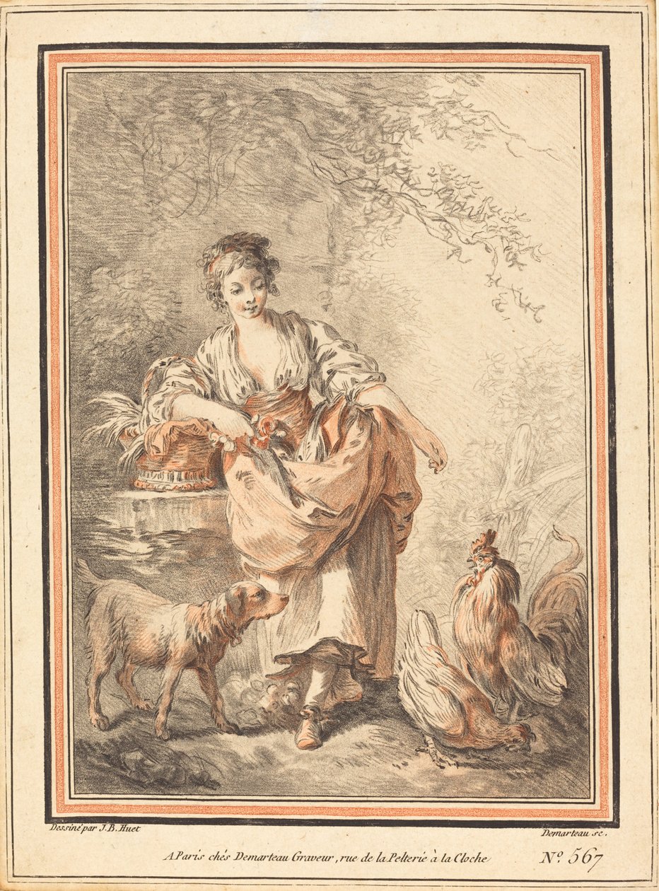 Femme nourrissant des poules - I Gilles Antoine Demarteau after Jean Baptiste Hüet