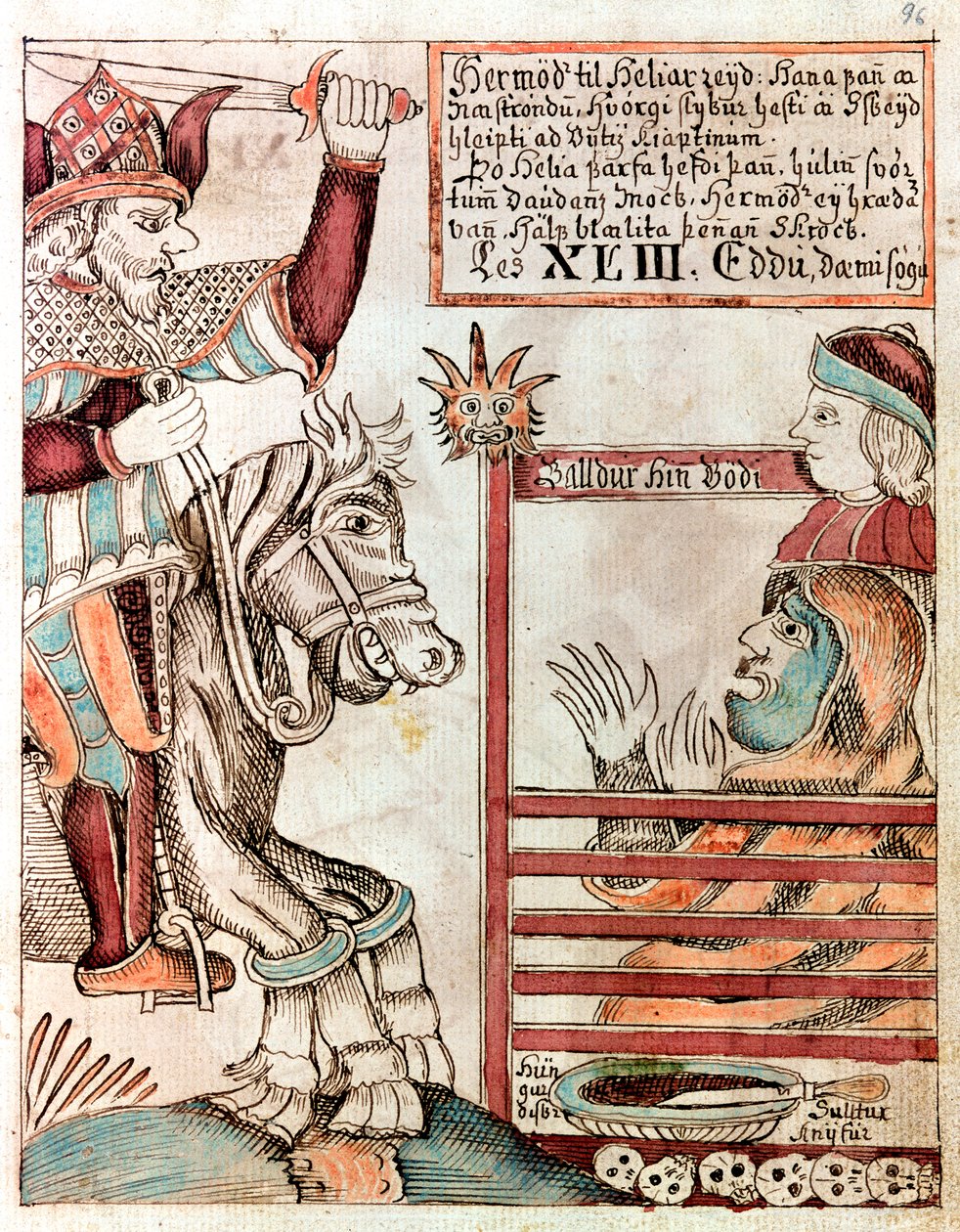 Hermod à califourchon sur Sleipnir, le célèbre cheval à huit jambes de son père, aux portes barrées du Royaume de Hel - Icelandic School