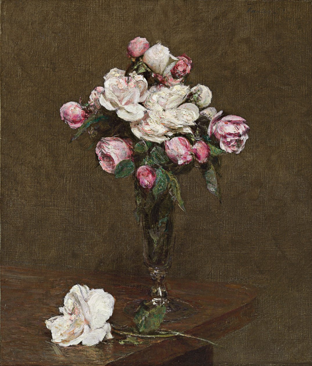 Roses roses et blanches dans une flûte à champagne - Ignace Henri Jean Fantin Latour