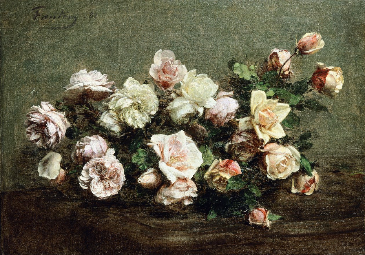 Vase de roses blanches sur une table - Ignace Henri Jean Fantin Latour