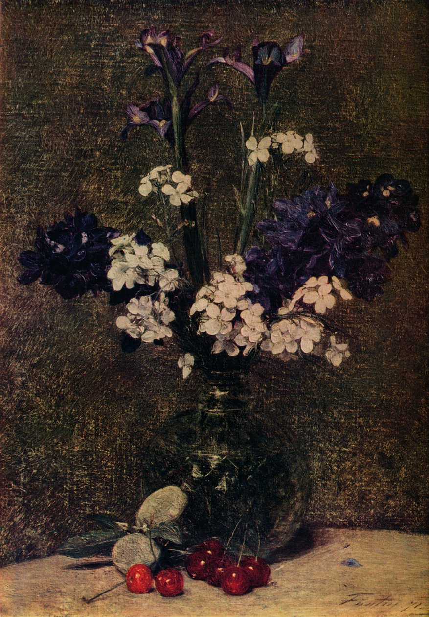 Vase de fleurs, avec des cerises et des amandes sur la table, Nature morte, Iris, Delphinium hybrides - Ignace Henri Jean Fantin Latour