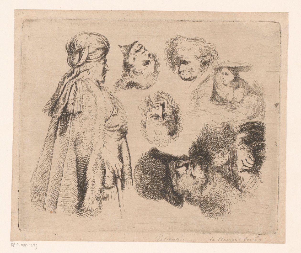 Composition avec homme oriental, femme avec enfant et quatre têtes d