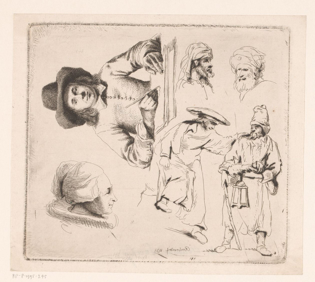 Composition avec homme écrivant, tête de femme et quatre figures masculines - Ignace Joseph de Claussin
