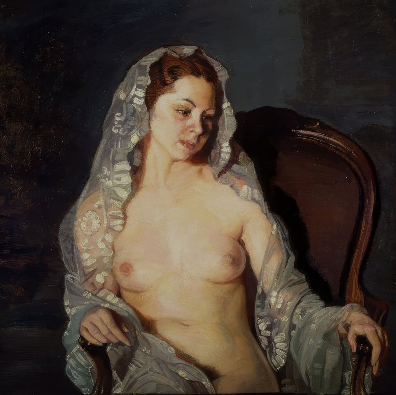 (Femme assise nue avec mantille transparente) – XXe siècle - Ignacio Zuloaga y Zabaleta