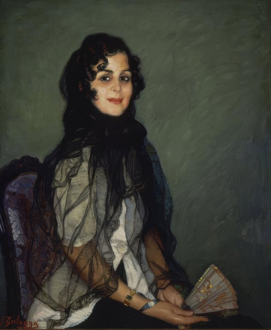 Angustias en blanc avec mantille noire et éventail – XXe siècle – Huile / Toile – 95x79 cm - Ignacio Zuloaga y Zabaleta