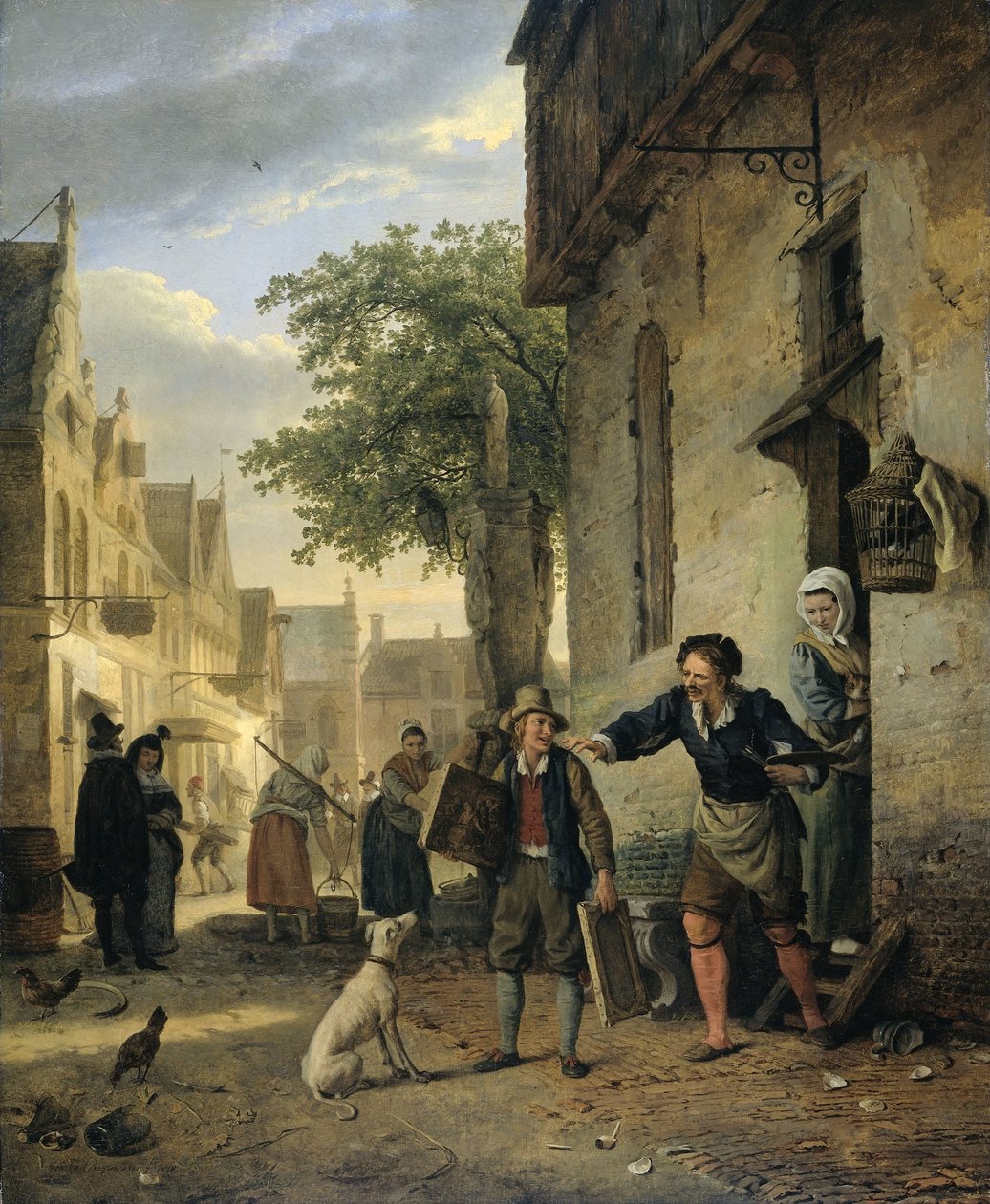 Jan Steen envoie son fils dans la rue pour échanger des peintures contre de la bière et du vin - Ignatius Josephus van Regemorter