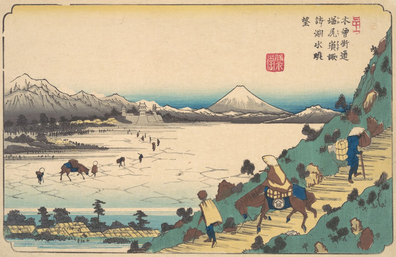 Lac Suwa depuis le col de Shiojiri, vers 1835 - Ikeda Eisen