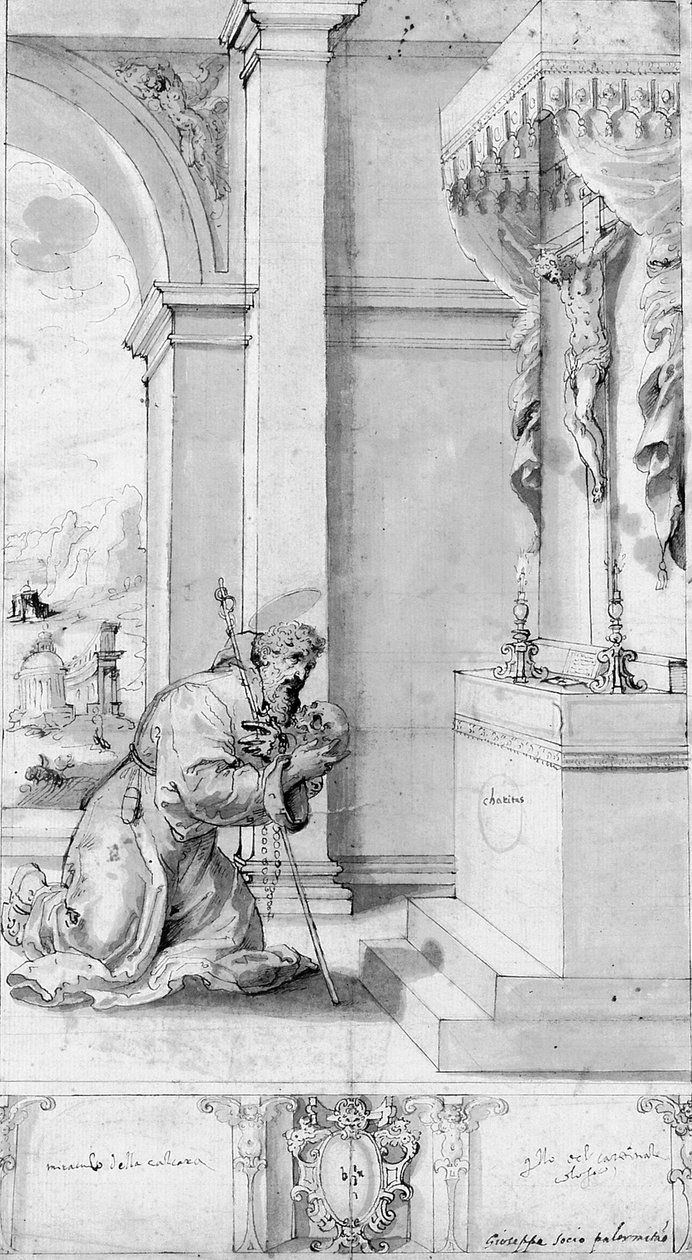 Un saint agenouillé devant un autel avec un crucifix : dessin pour une bannière processionnelle - Il (c.1550 1611) Sozzo