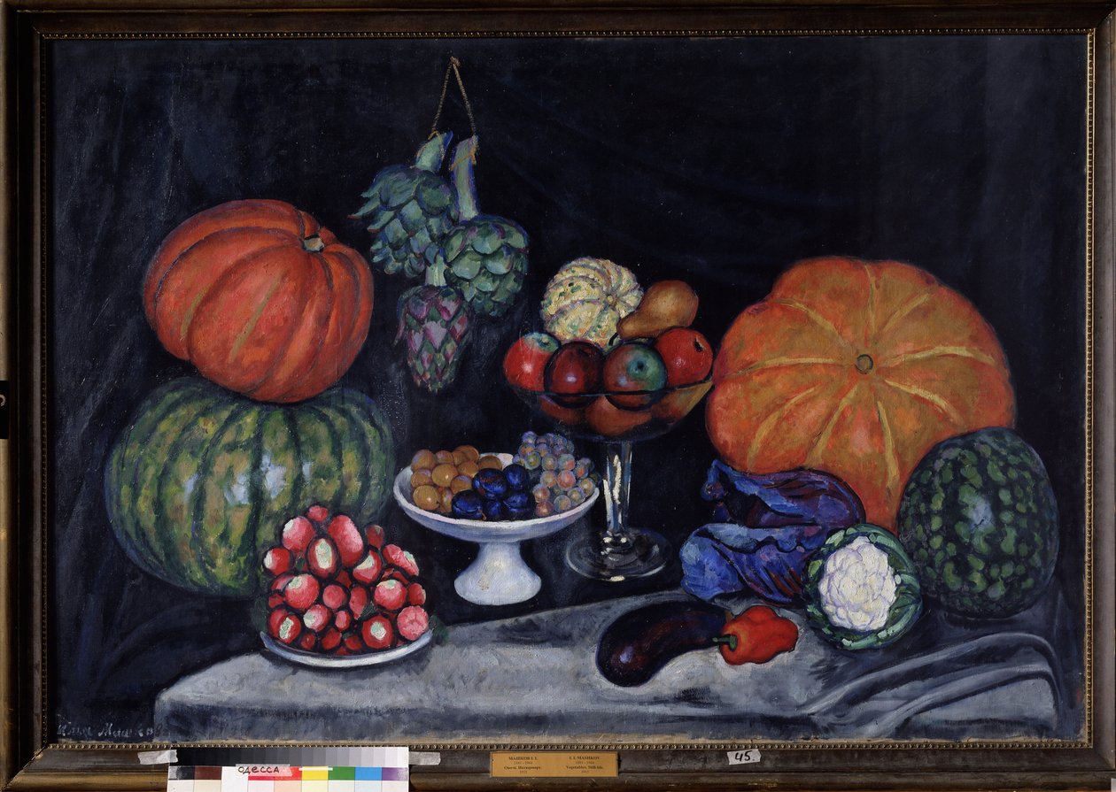 Légumes. Nature morte avec citrouilles, artichauts, prunes, raisins, pommes, poire, aubergine, poivron, chou, chou-fleur et pastèque - Ilya Ivanovich Mashkov