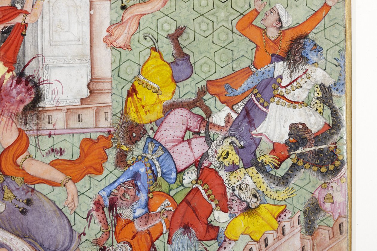(détail) Krishna fend le démon Narakasura avec son disque, c.1585-90 - Indian School