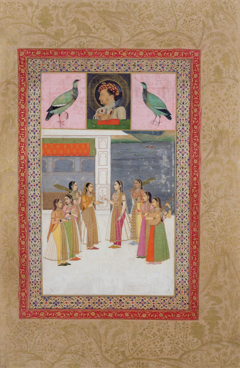 Ms E-14 Portrait de Djahangir (1569-1627) deux oiseaux et femmes nobles en conversation - Indian School