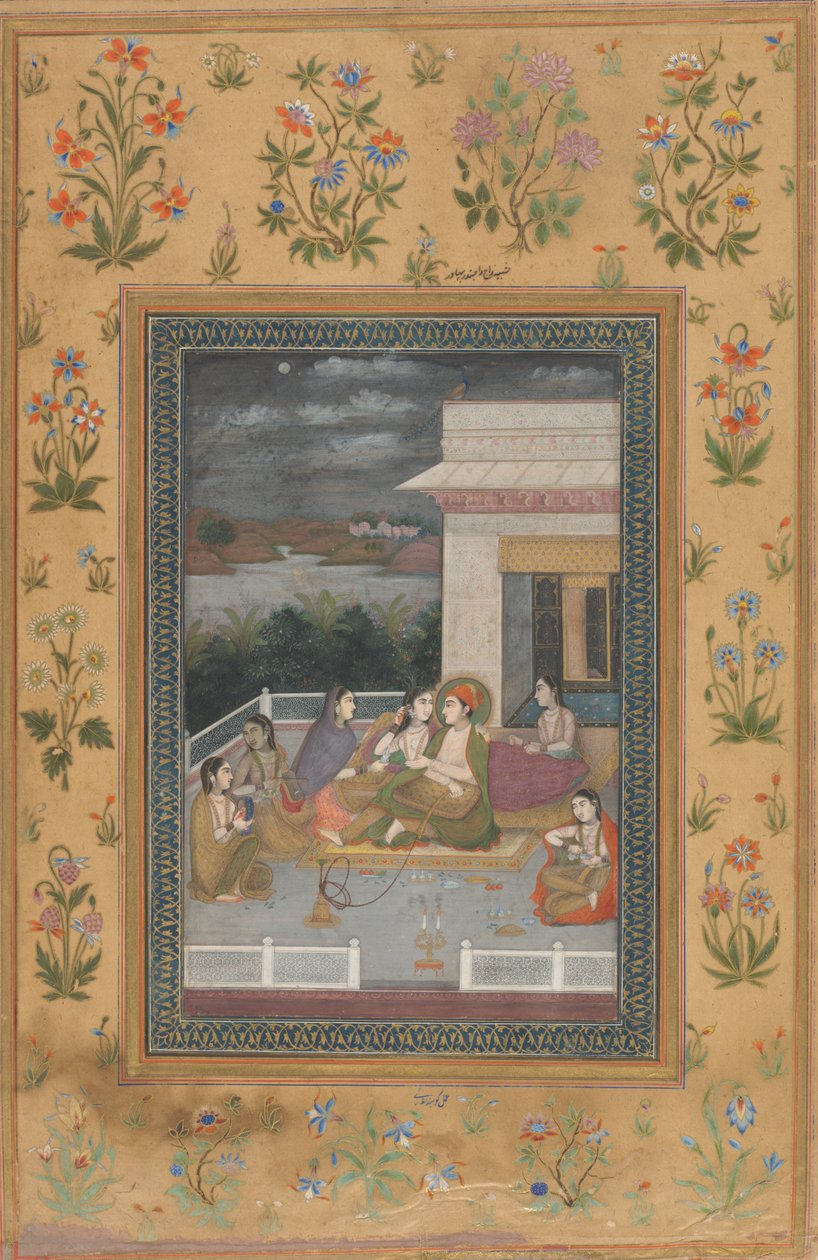 Un couple sur une terrasse entouré de serviteurs et de musiciens - Indian 18th Century