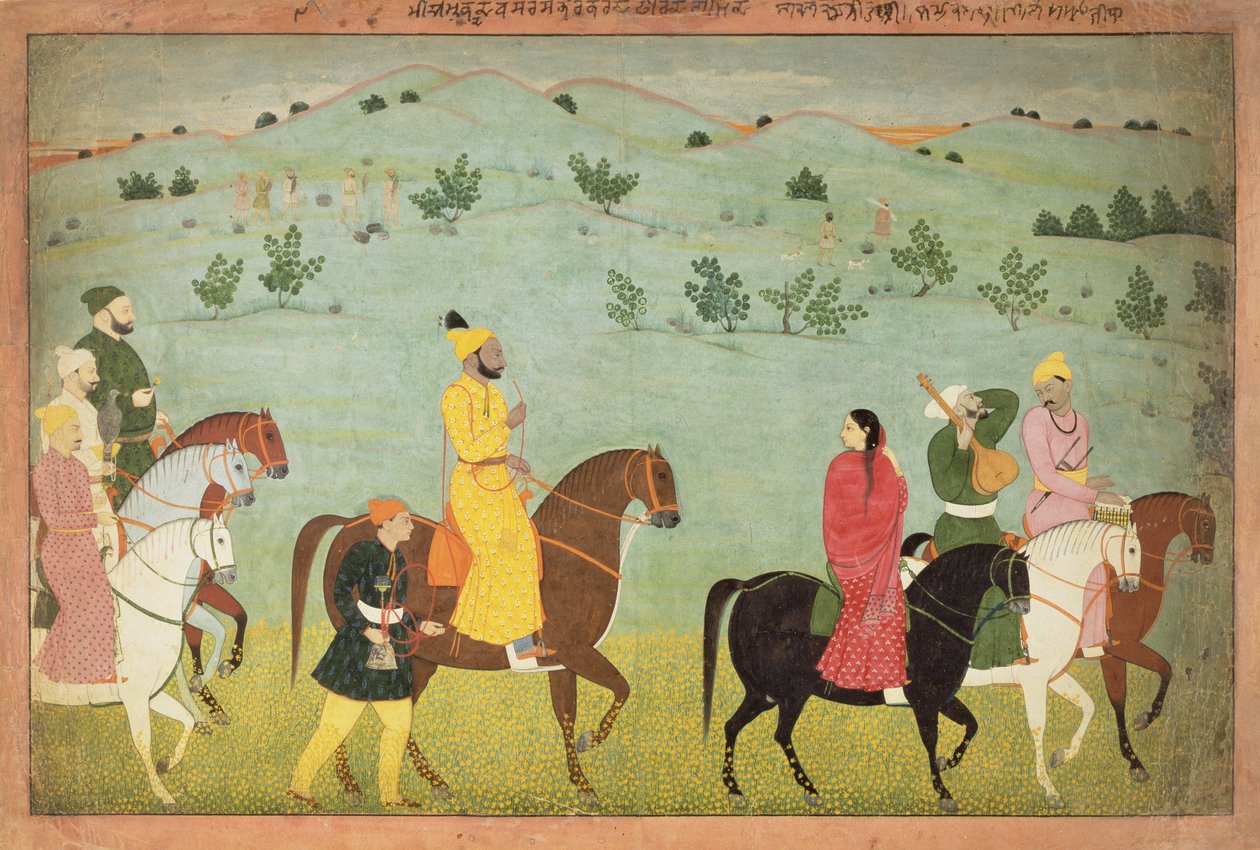 Un prince de Jasrota, peut-être Balwant Singh, en expédition équestre, par Nainsukh (actif 1740-50) Cachemire, vers 1751 - Indian School