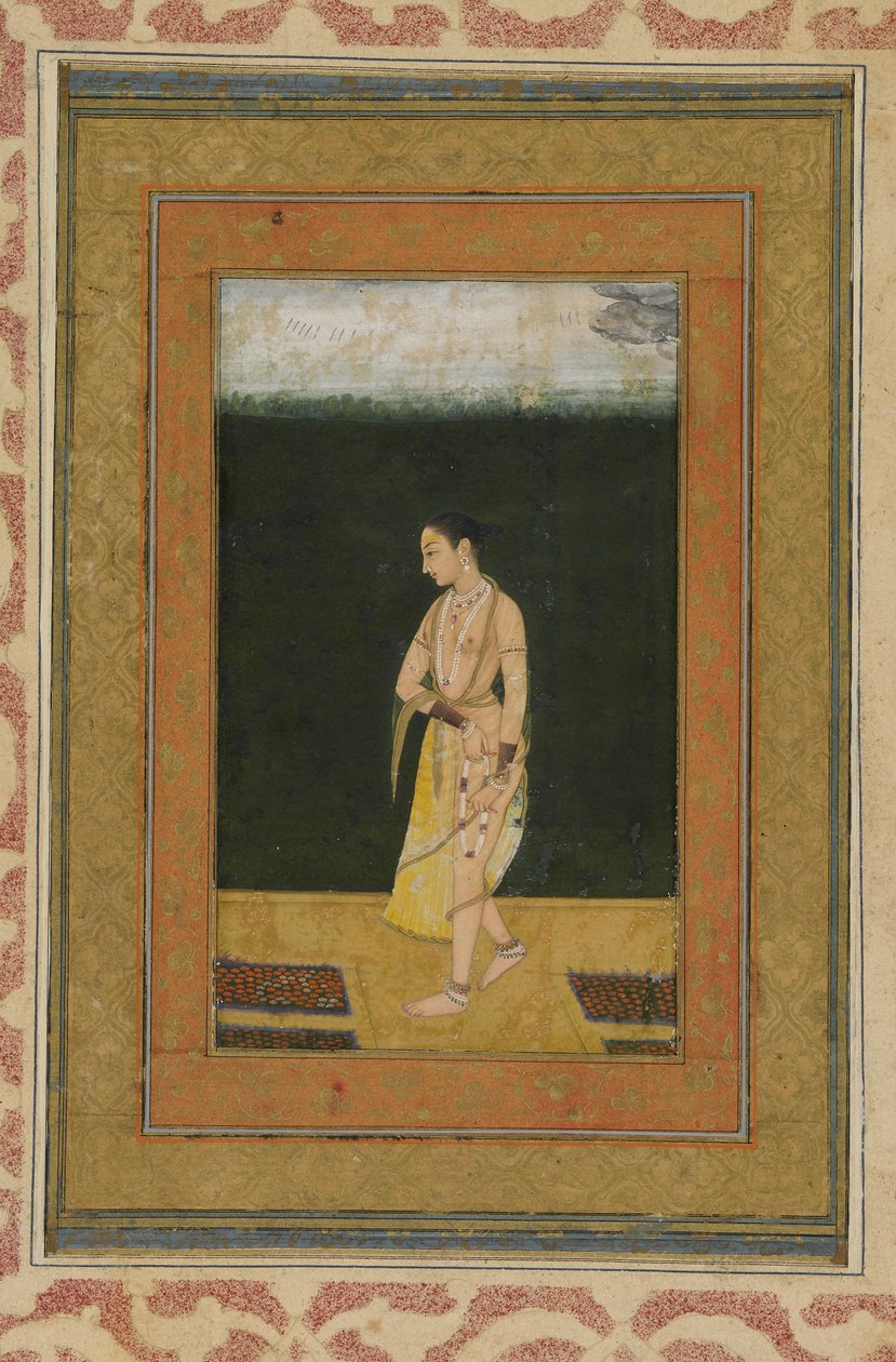 Une dame marche dans un jardin, folio d