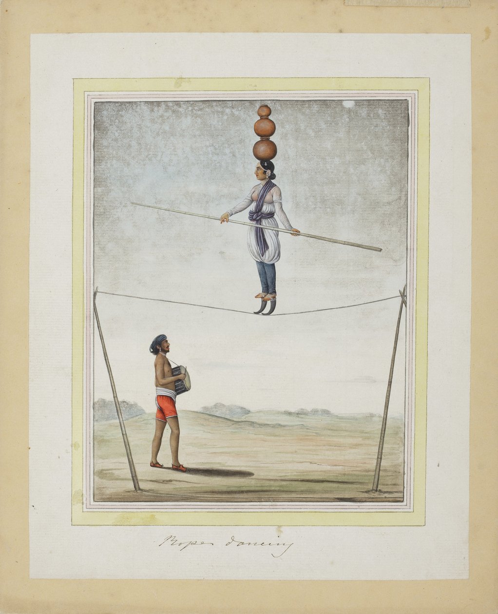 Acrobate sur une corde raide, batteur en dessous, c.1820 - Indian School