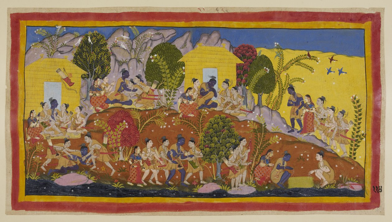 Bharata et Shatrughna se jettent aux pieds de Rama, qui embrasse ses jeunes frères - Indian School