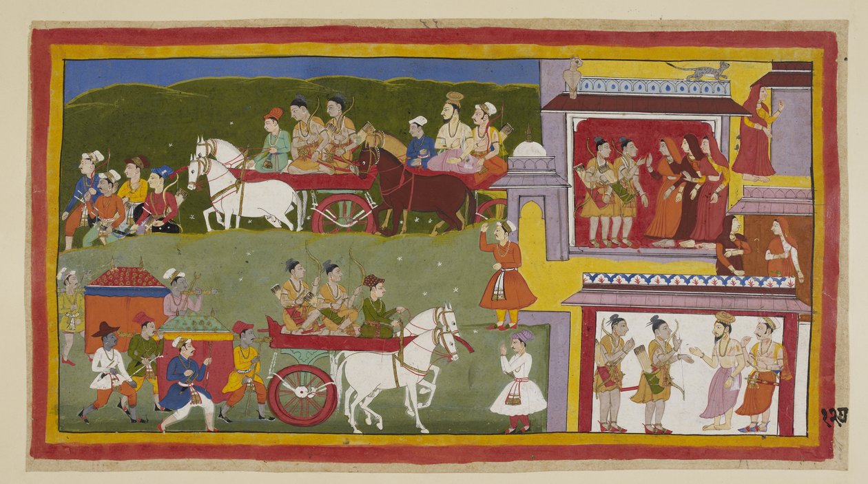 La procession retourne à Ayodhya, le long du bas de la peinture, la ville désolée et abandonnée étant le repaire des chats et des hiboux. Bharata et Shatrughna prennent congé des reines et disent à Vasistha qu