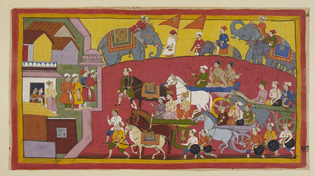 Les chars de Vasistha et des princes, accompagnés de divers ministres et personnes, entrent dans la ville de Nandigrama - Indian School