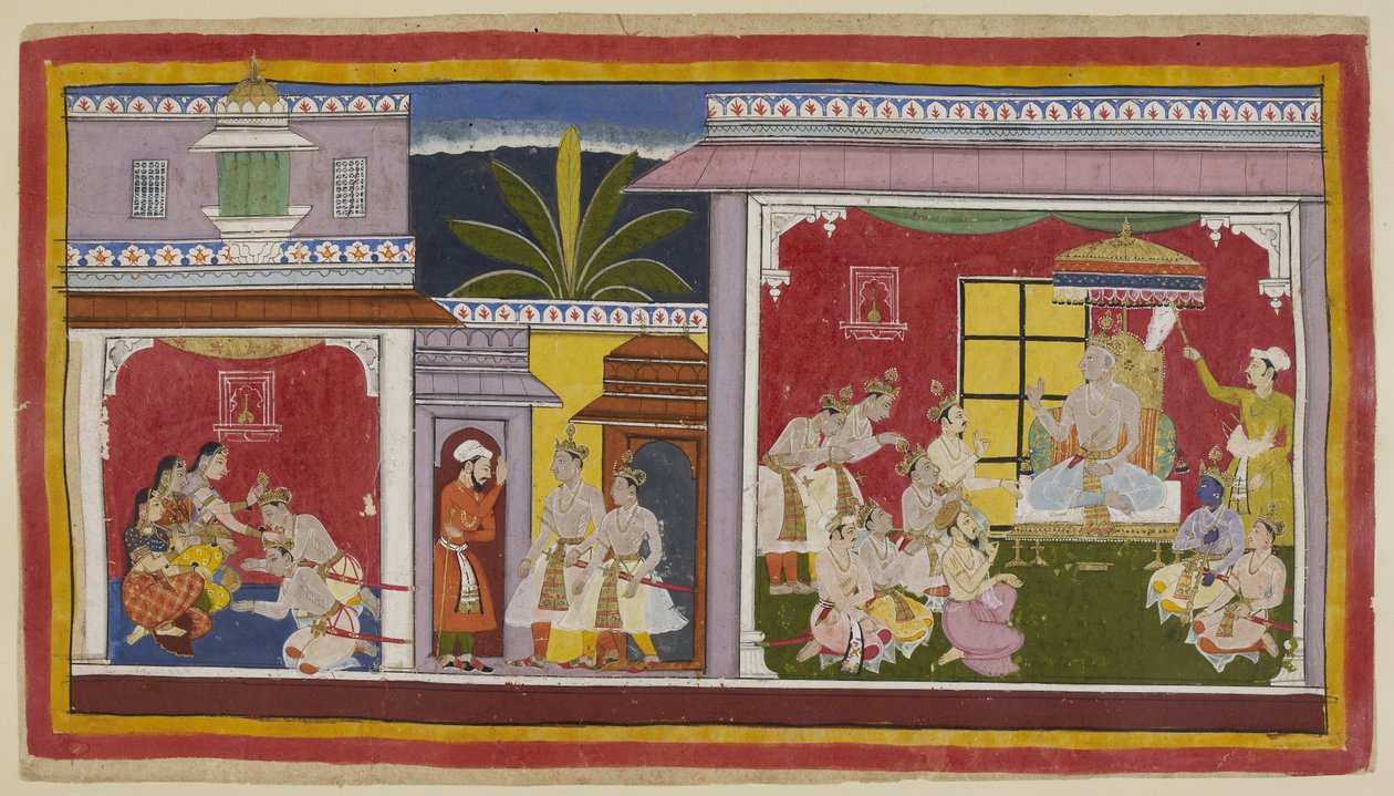 Dans la salle du trône à Ayodhya, le roi Dasaratha est assis avec ses quatre fils, son ministre Sumantra et son prêtre en chef Vasistha. Yudhajit, le frère de la reine Kaikeyi et l