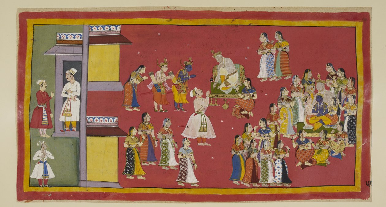 Add 15296 (1) f.50r, Dasaratha avait précédemment ordonné à Sumantra de convoquer ses reines et toutes ses épouses, qui entourent maintenant le roi lorsque Sumantra amène les exilés pour faire leurs adieux. Dasaratha essaie de persuader Rama de ne pas alle - Indian School