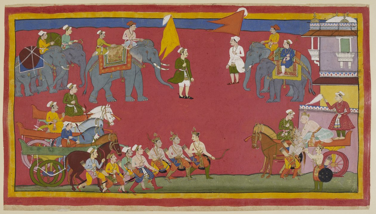 Les deux princes et leur oncle sont descendus de leurs chars et avancent de la gauche pour saluer le roi. Il sort du palais à droite dans son char et se penche pour les saluer affectueusement. Des éléphants sont en arrière-plan - Indian School