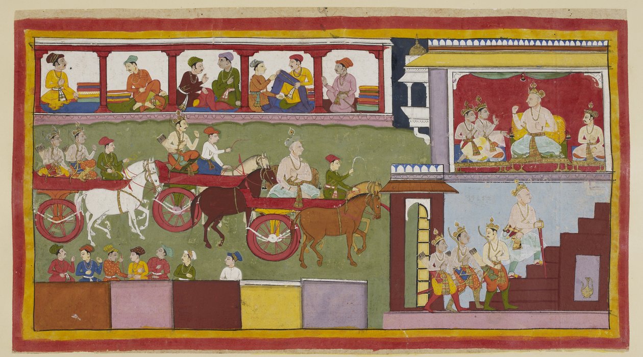 Trois chars transportent le roi, son fils et les deux jeunes princes à travers un bazar. Les façades des magasins éloignés sont visibles avec des marchands vendant du tissu, et les arrières de ceux en dessous. Dans son palais à droite, le roi âgé, utilisan - Indian School