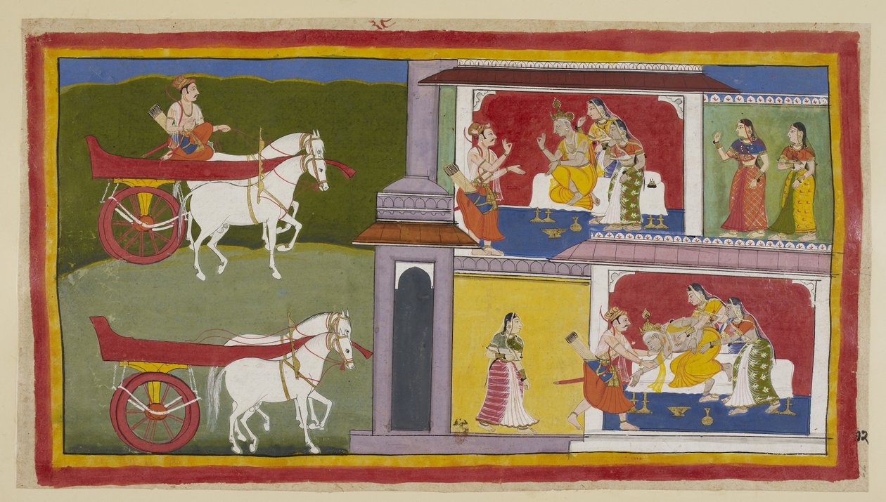 Add 15296 (1) f.72r, À gauche, Sumantra retourne à Ayodhya et entre dans le palais pour donner le dernier message de Rama au roi, qui est assis avec Kausalya et Sumitra à ses côtés. Le roi s
