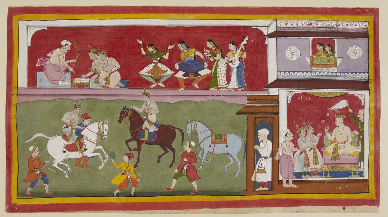 Les princes demandent au roi des enseignants de religion, arts et sciences, tandis que deux dames regardent par une fenêtre jharokha - Indian School