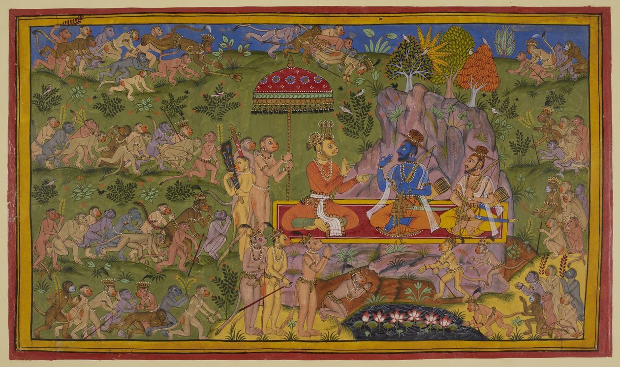 Les forces des singes ont fouillé en vain les régions nord, est et ouest et reviennent pour dire à Sugriva et Rama leur déception. Sugriva Sita sur un tapis sous un parapluie royal et offre du pan (bétel à mâcher) aux deux frères - Indian School