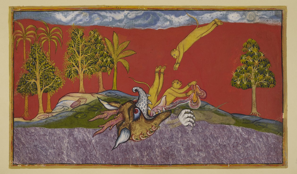 Hanuman plonge dans la bouche de la démone Siṁhikā - Indian School
