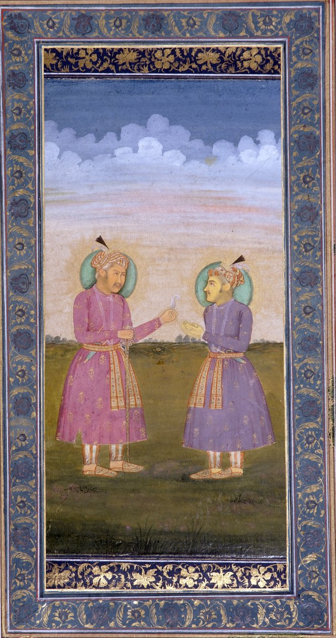 Akbar remet une plume ornée à son fils Jahangir - Indian School