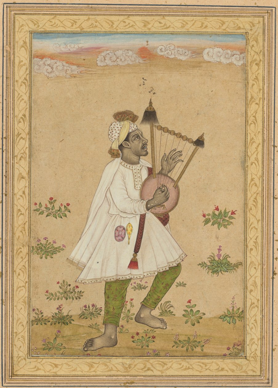 Joueur de lyre africain, vers 1640-1660 (encre, aquarelle opaque et or sur papier) - Indian School